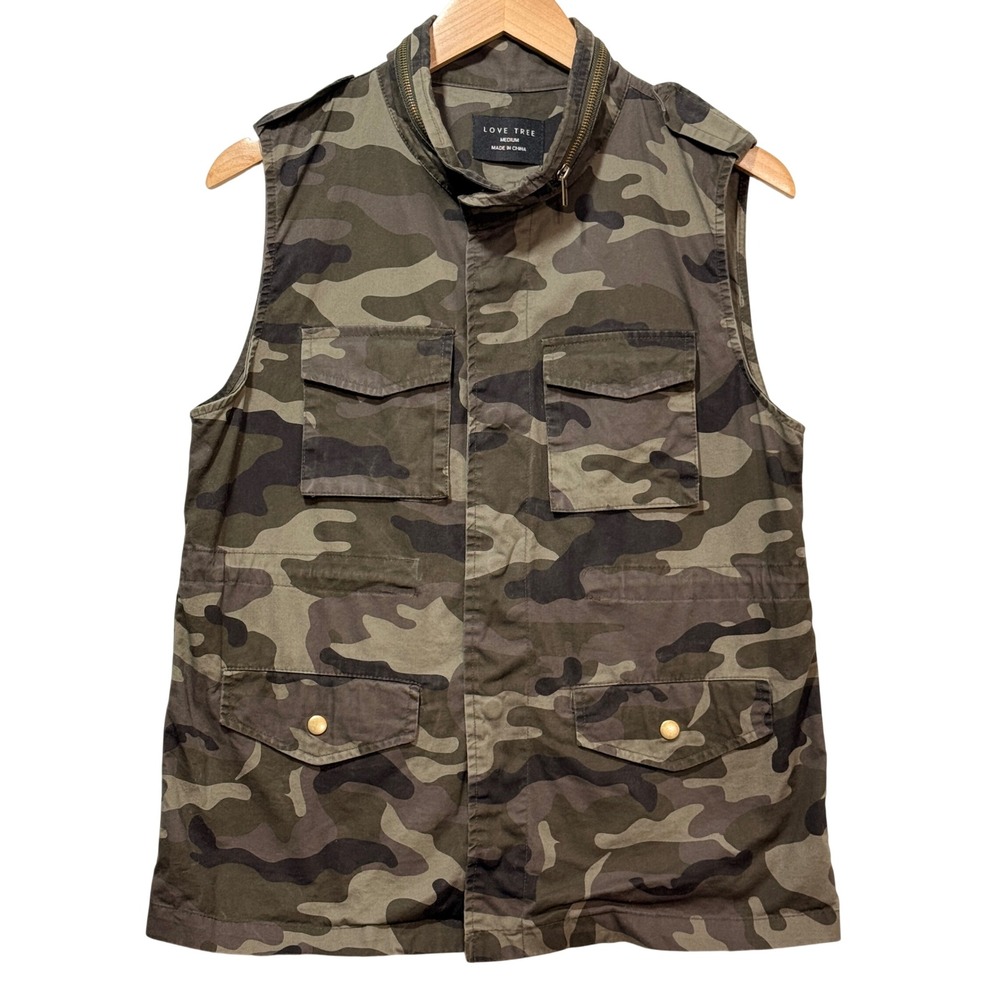Love Tree Womens Green Camo Military Utility‎ Vest Medium Cotton Zip Snap